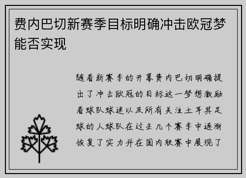 费内巴切新赛季目标明确冲击欧冠梦能否实现