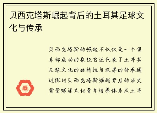 贝西克塔斯崛起背后的土耳其足球文化与传承