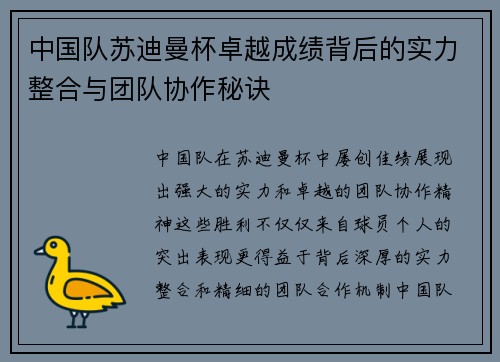 中国队苏迪曼杯卓越成绩背后的实力整合与团队协作秘诀