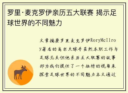 罗里·麦克罗伊亲历五大联赛 揭示足球世界的不同魅力